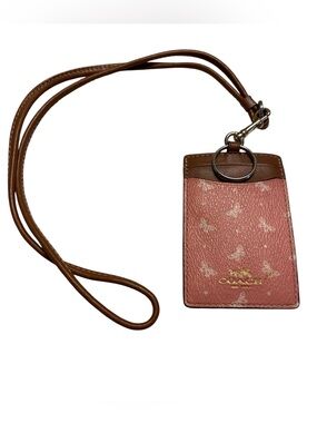 Coach Canvas Lanyard ID Card Holder Pink Brown Leather Butterfly Butterflies 
Pr